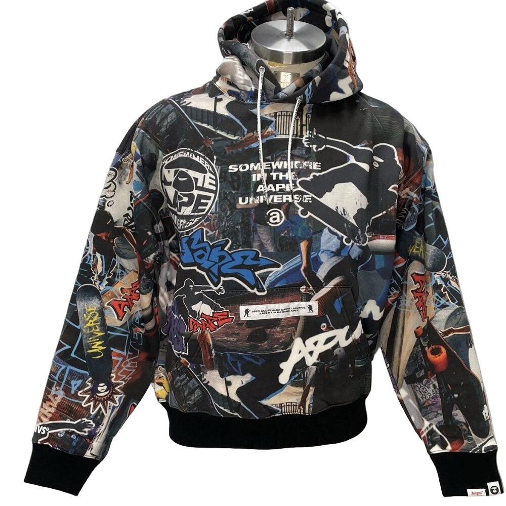 NEW AAPE Men’s Moonface Logo Graffiti Print Hoodie Multicolor Size M